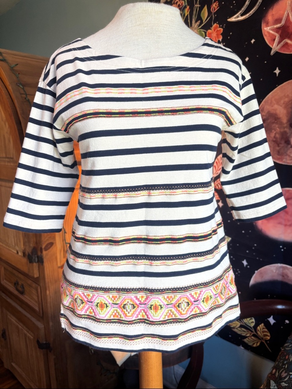 J. Crew Navy & White Striped Tunic with Pink and Green Embroidery